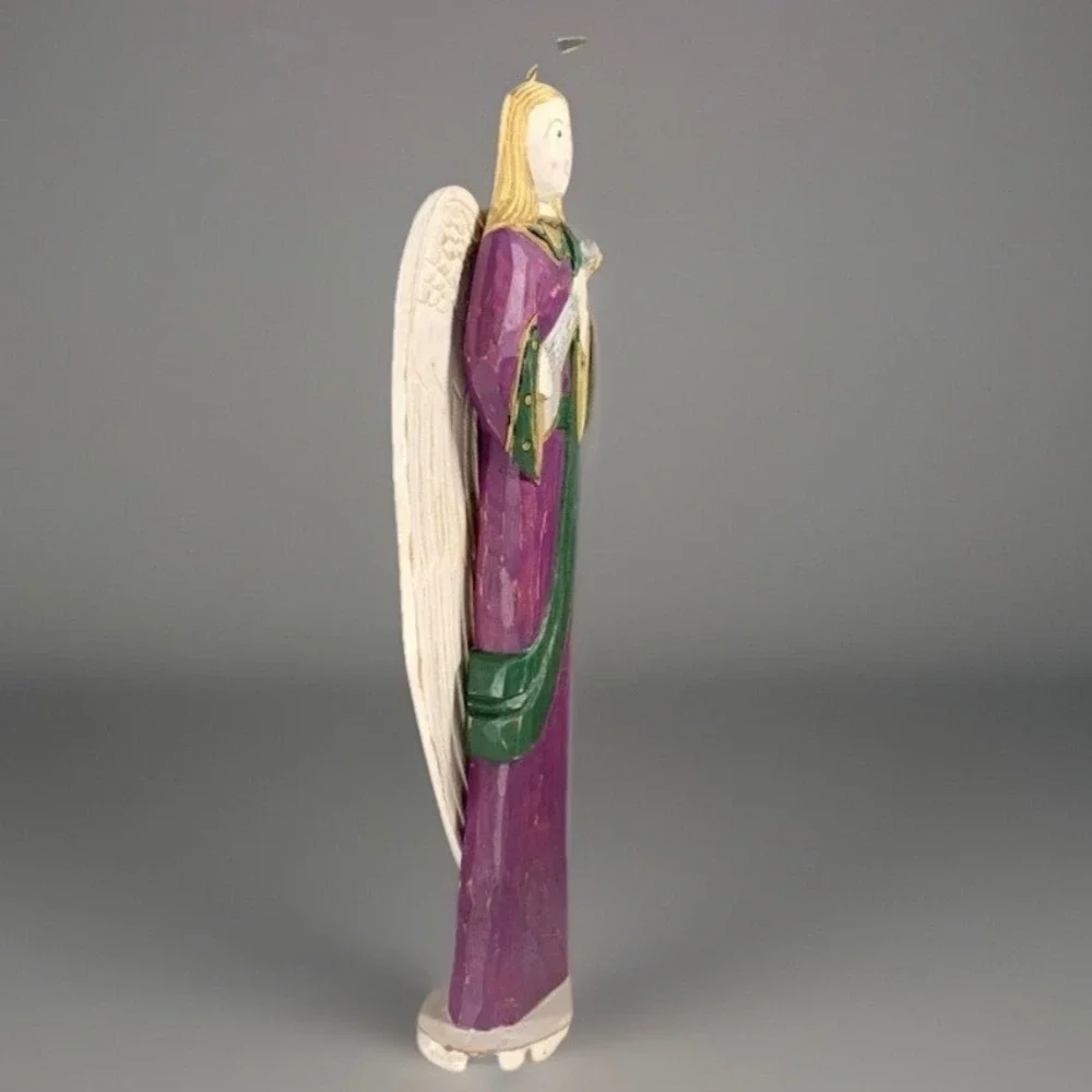 Pier 1 Wooden Angel Wings Halo Figurine Plays Lute Purple Green Carved Folk Art